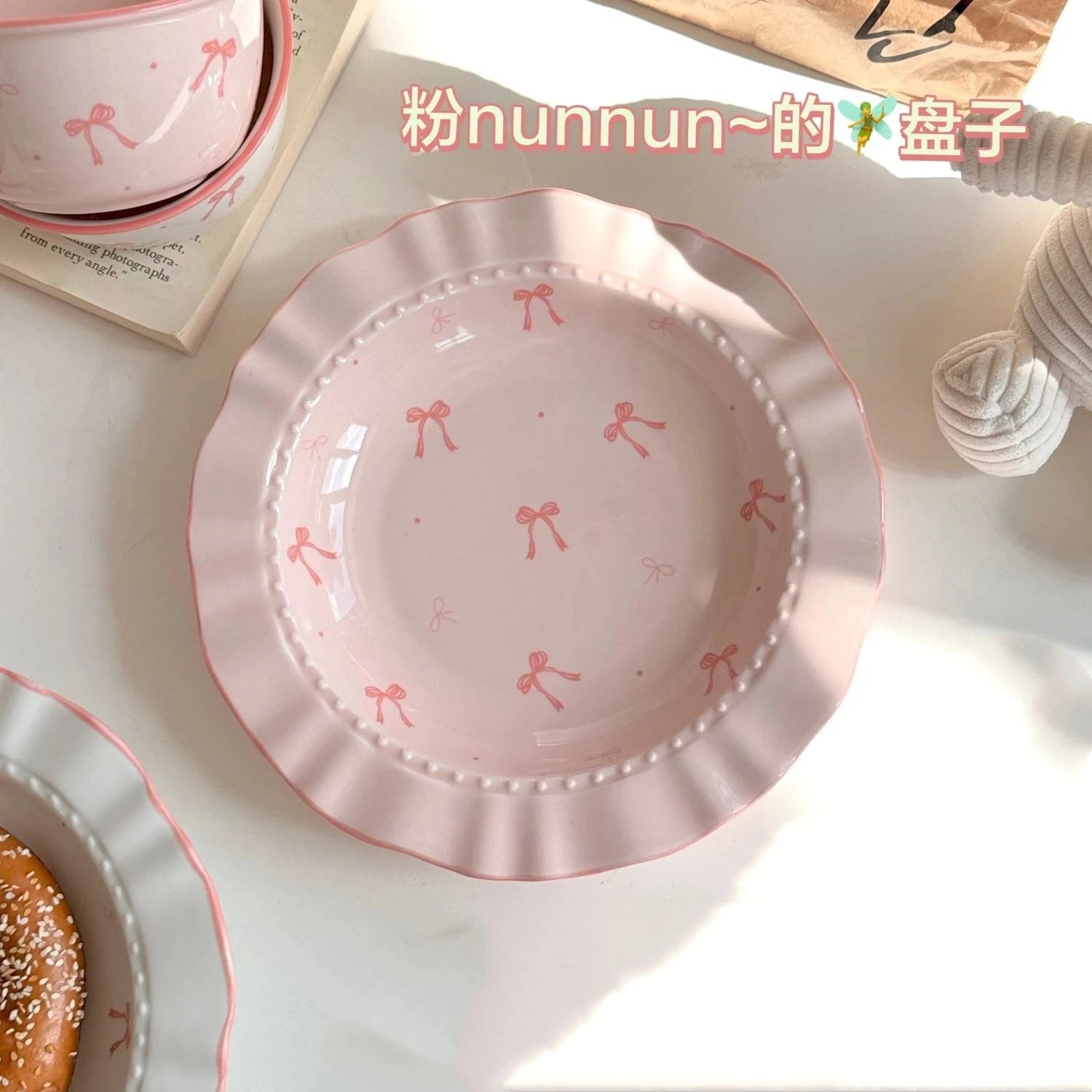 Aesthetic Bow Design Ceramic Tableware Set - Ruffled Edge Bowls & Plates with Underglaze Color Dessert Set Cute Dinnerware