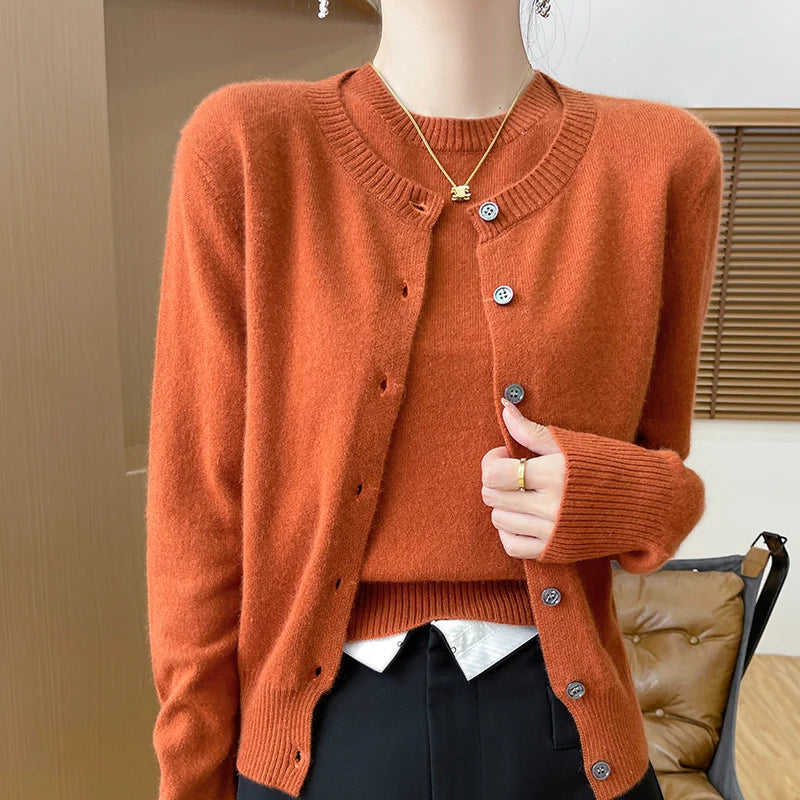 Women's Two-piece Sweater Autumn Winter New 100% Merino Wool Round neck Knitted Cardigan Fashionable Solid Color Suit Tops