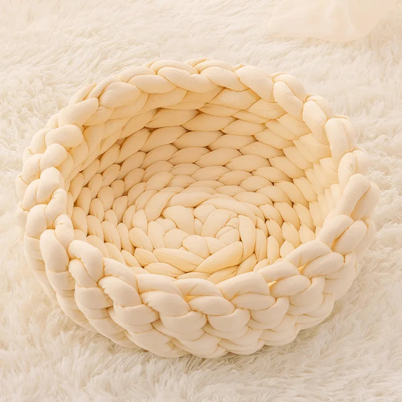 New Hand Woven Cat Nest Soft Shaggy Mat Indoor Dog Cat Bed Round Cat Cushion Warm Cat Sleep Basket Cat Kennel For Small Dog Cat