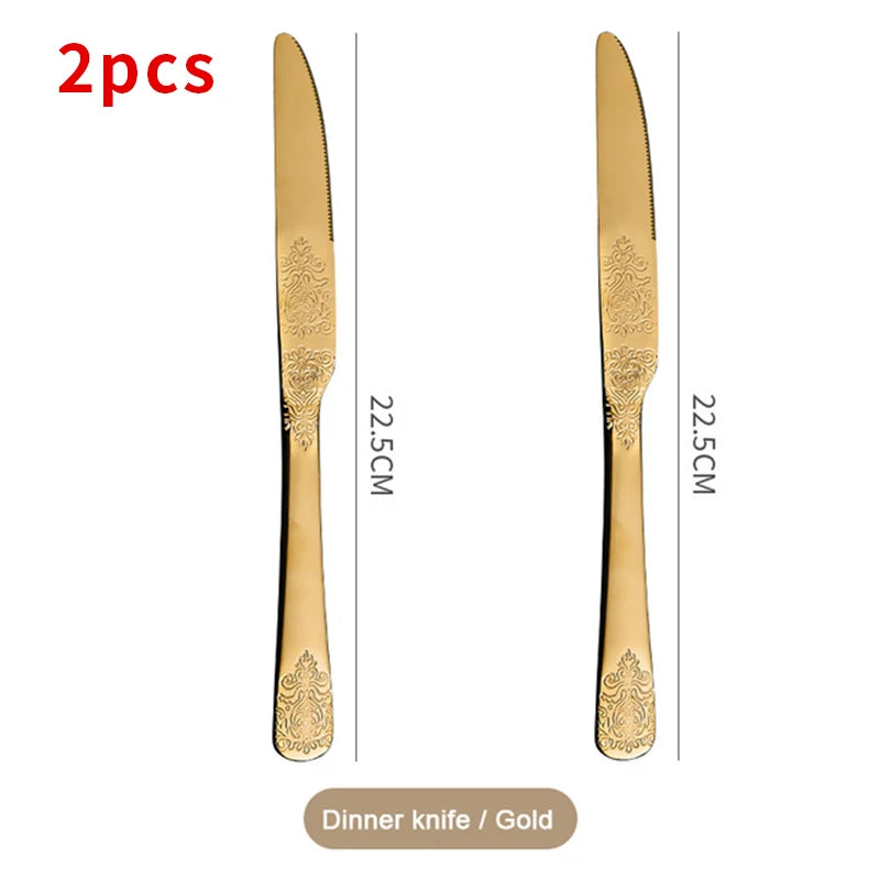 &Gold Luxury Cutlery Sets Fork Spoons Knife Silverware Kit Vintage Carved Tableware Set European Dinnerware For Home Kitchen