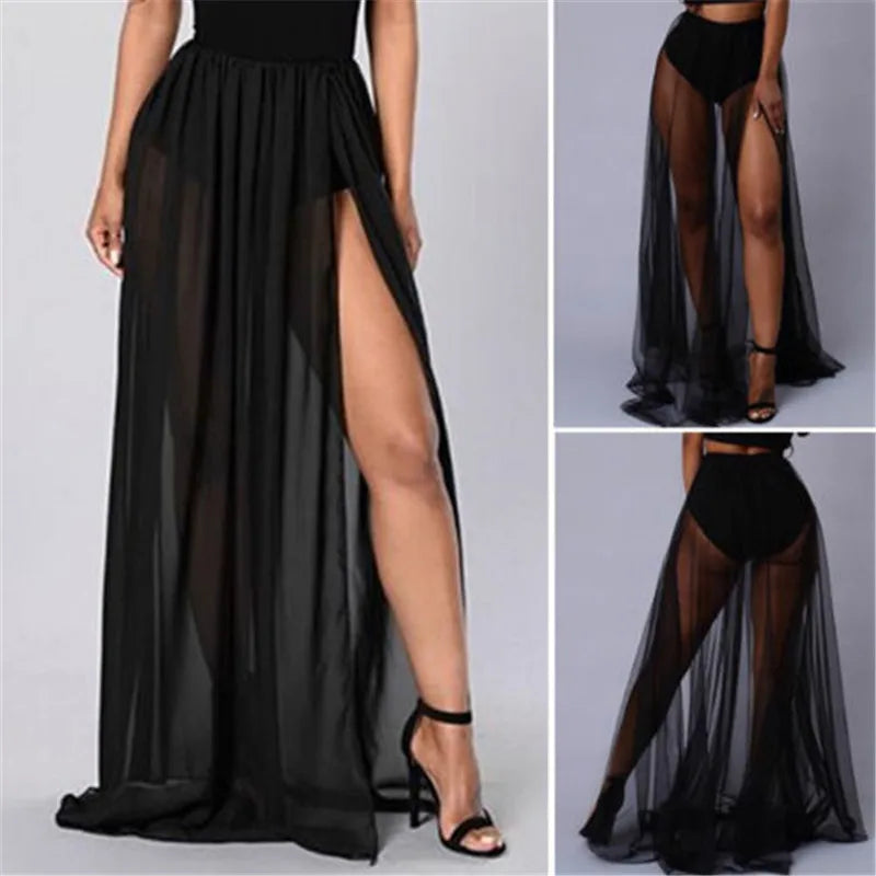 Women High Waist Mesh Skirts Empire See Through Sheer Side Split Skirt Solid Transparent Chiffon Maxi Long Skirt Summer 2018