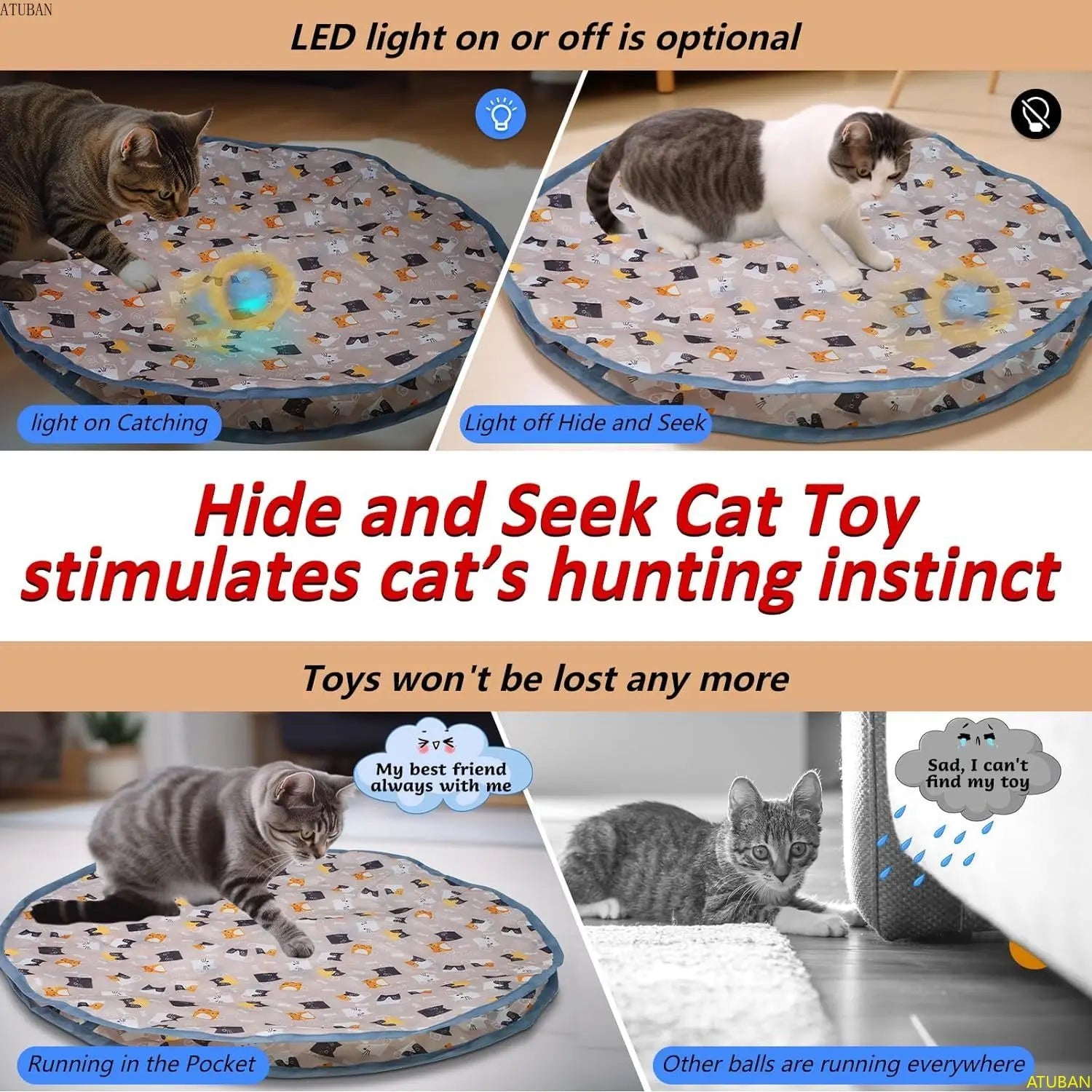 ATUBAN Electric Cat Toys,Hide and Seek Kitten Toy,Chirping&Motion Activated Interactive Cat Toy,Cats Hiding Cover Exercise Toy