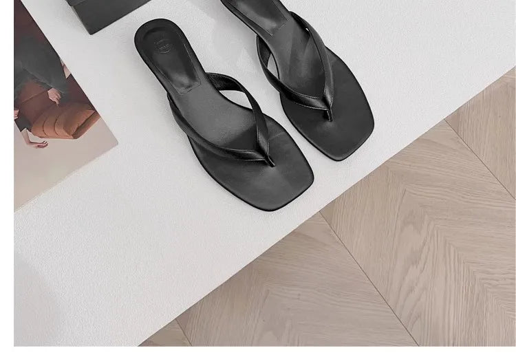 2024 Spring Summer Fashion New Women Genuine Leather Mid Heel Flip-flops Slippers Versatile Simple Shoes Female Chic