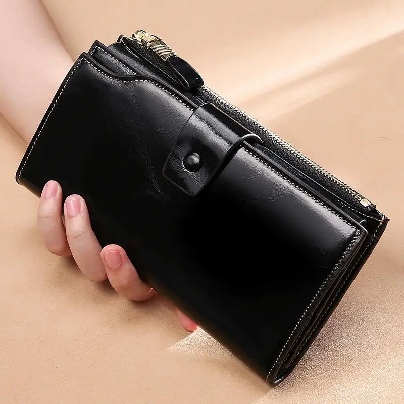 Blocking Genuine Leather Women Wallet Long Lady Leather Purse Brand Design Luxury Oil Wax Leather Female Wallet Coin Purse