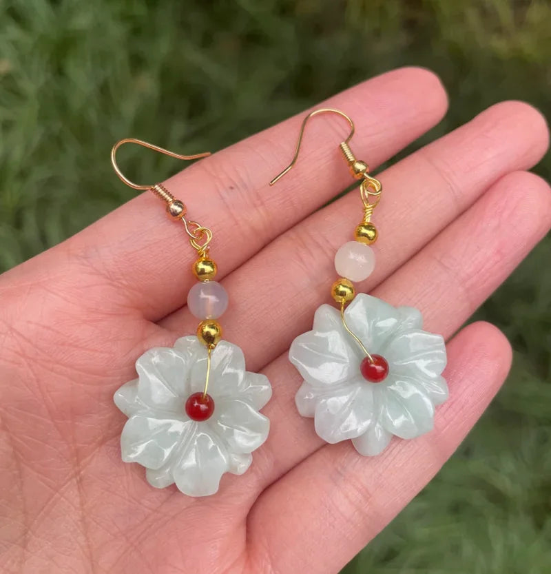 Natural Jade Emerald Luck Flower Earrings Bead Charm Jewellery Fashion Accessories Hand-Carved Man Woman Amulet Gifts