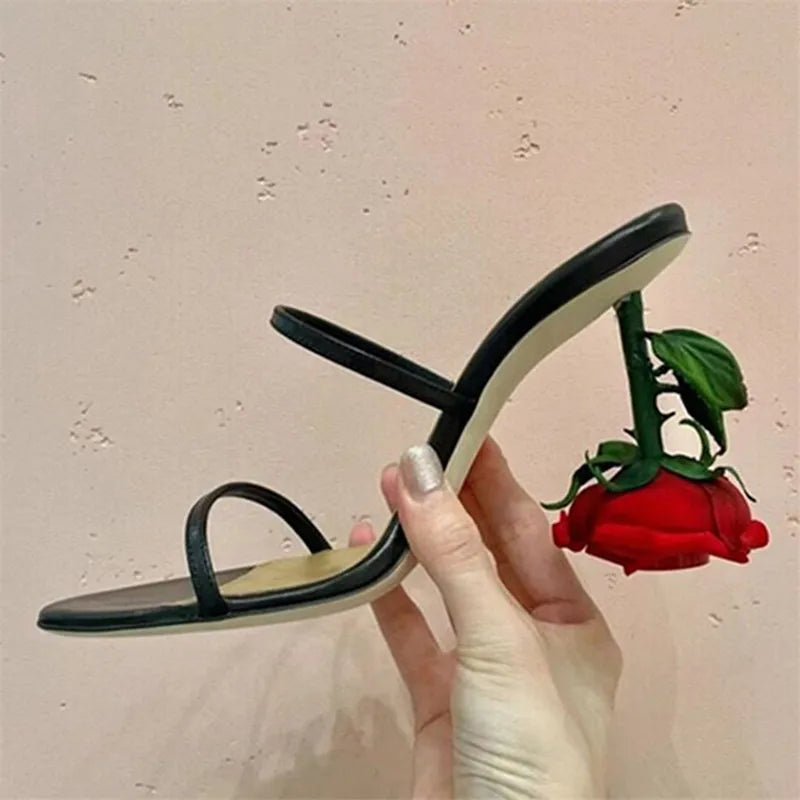 Designer Women Slippers Rose Strange High Heels Straps Ladies Outside Slides Prom Pumps Black Dress Shoes Gladiator Sandals