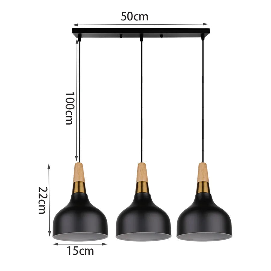 Modern Pendant Lights 3 Heads Wood Aluminum Hanging Lamp Chandelier Black for Loft Dinning Living Room Kitchen Lighting Fixture