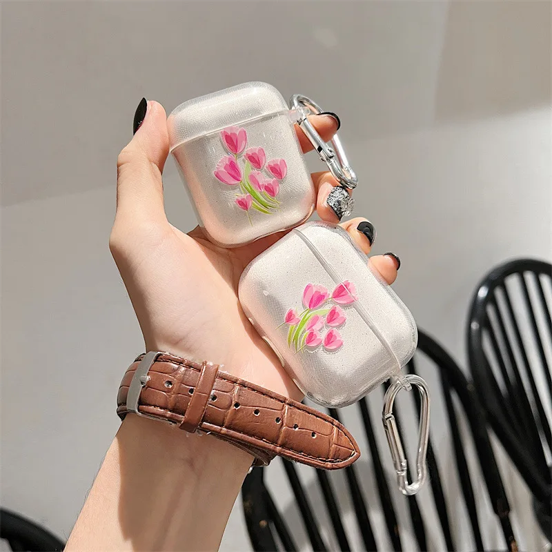 Pink Heart Flower Cover for Apple AirPods Pro 2nd Bling Glitter Wireless Earphone Protective Case for Airpods 1 2 3 Charging Box