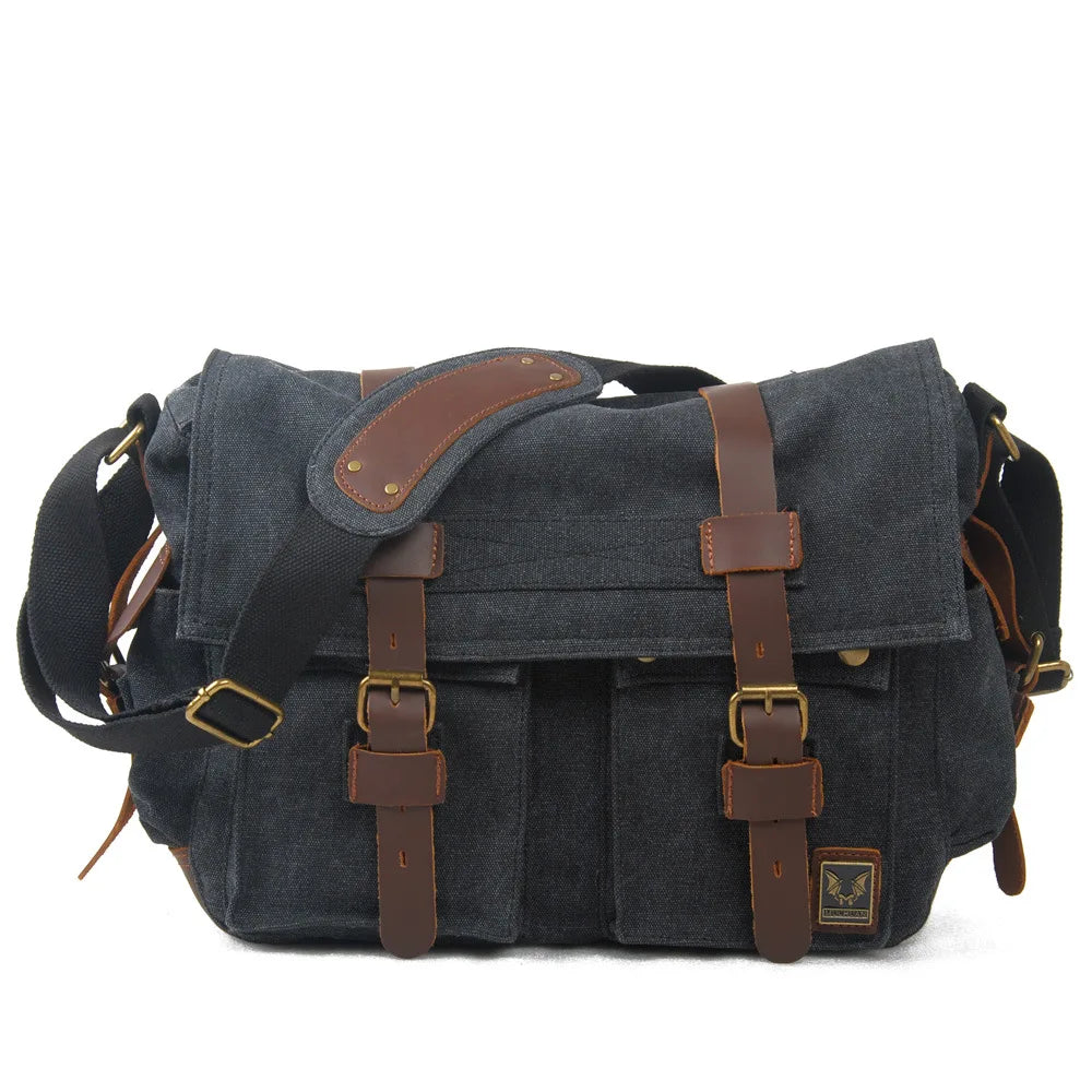 MUCHUAN Fashion Vintage Leather Canvas Men's Messenger Bag Cotton Multi-Pocket Crossbody Bag Men Shoulder Casual Travel Handbag