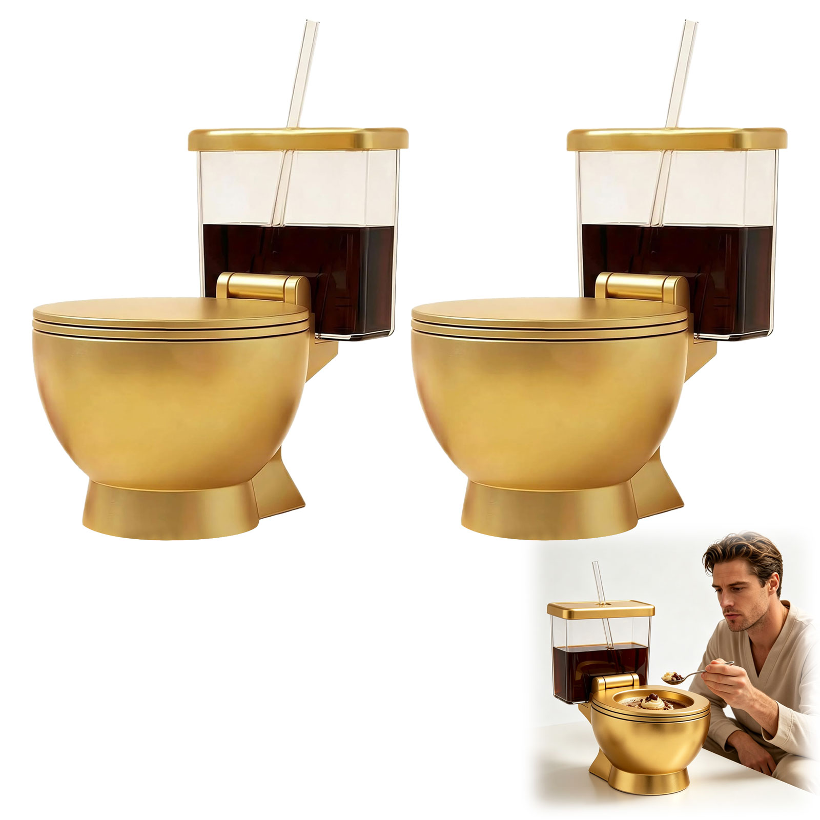 Toilet Ramen Bowl And Drink, 2026 New Funny Toilet Shaped Ramen Bowl and Drink Cup Combo, Large Golden Toilet Soup Bowl for Instant Noodles, Hilarious Snack and Drink Cup Set