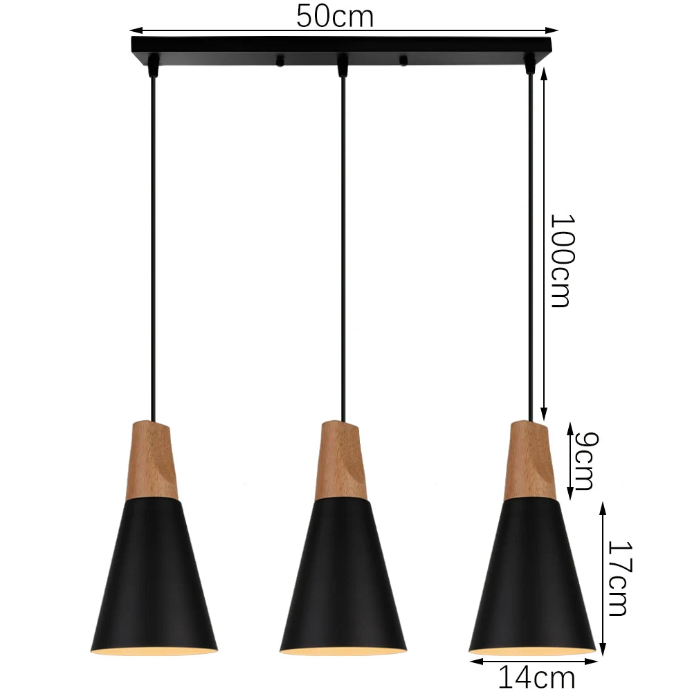 Modern Pendant Lights 3 Heads Wood Aluminum Hanging Lamp Chandelier Black for Loft Dinning Living Room Kitchen Lighting Fixture