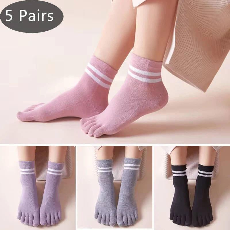 5 Pairs Spring Ankle Toes Socks Woman Girl Cotton Striped Solid Breathable Soft Elastic Invisible Socks 5 Finger Socks Harajuku