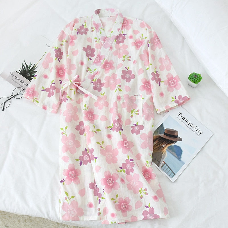 pajamas summer new 100% cotton gauze pajamas nightgown ladies SPA yukata homewear long pajamas women