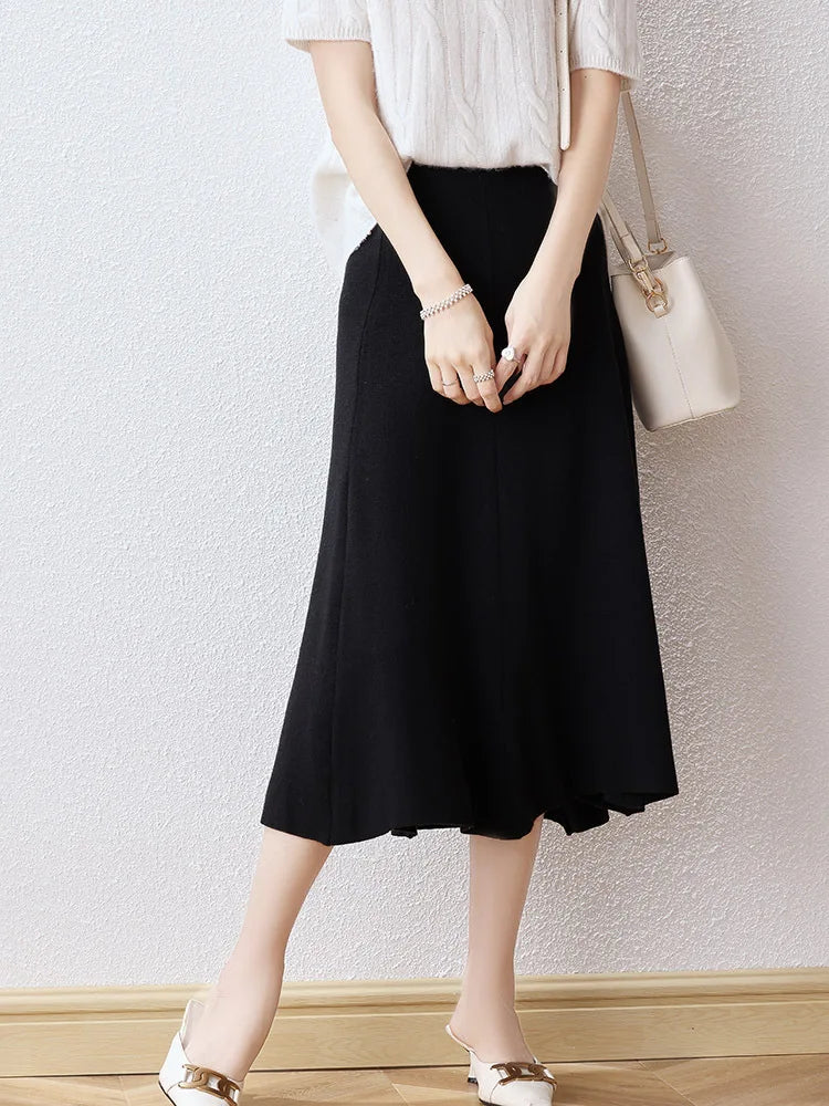 2024 New Cashmere Long Skirt Wool Knit a Word Skirt Female Long Section High Waist solid Color Loose Umbrella Skirt Skirt