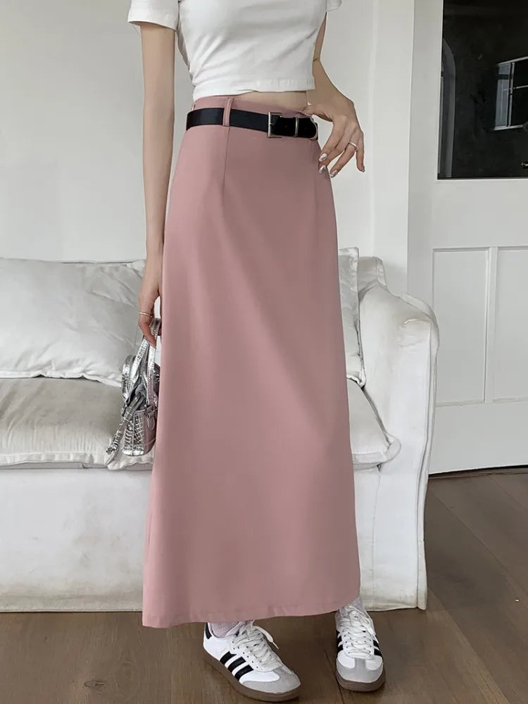 4Colors S-XL Spring Summer Female Skirts 2023 Women High Waist Suit Split long A line Maxi Skirt Female+belt (L5113)