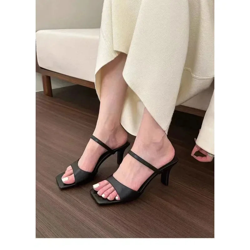 Summer high heel party mules 2024 new style women's high heel slippers fashion sandals women's simple PU shoes ladies slippers