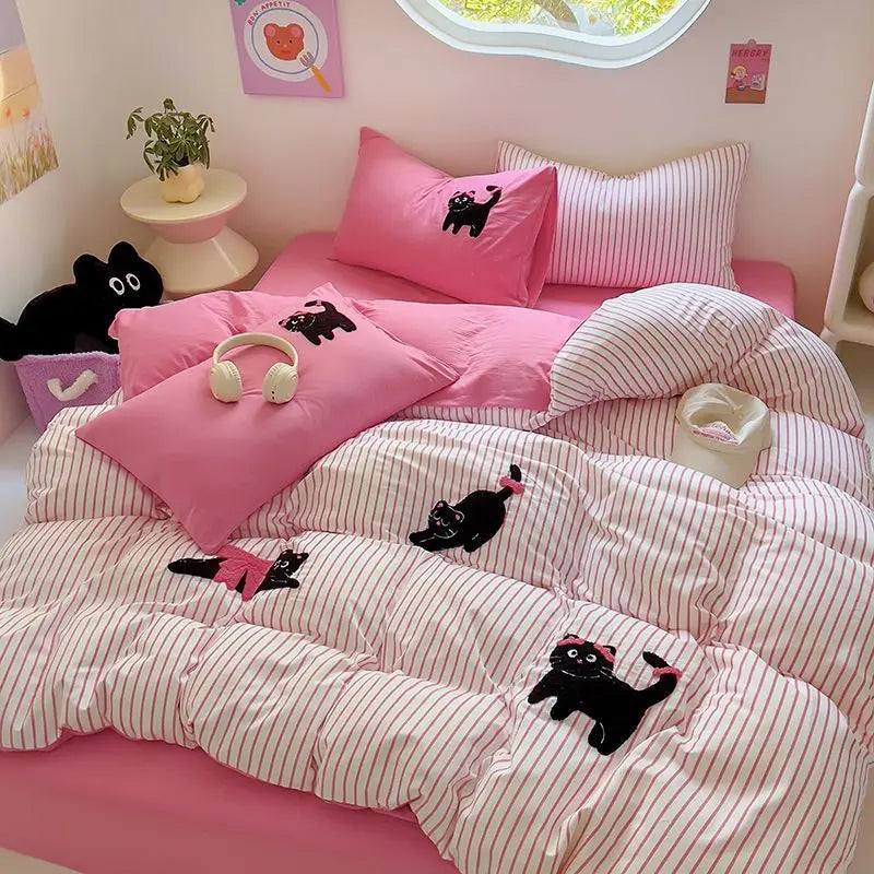 Cartoon Kawaii Cat Bedding Set Purple Duvet Cover Flat Sheet Pillowcase Kids Girls Bed Linen Bedspread Full Twin Size NO Filling