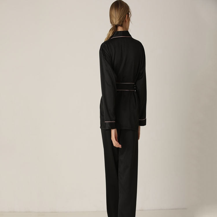 Silk Long Sleeve Trousers Lapel High Archives Pajamas With Belt Solid Color Nightwear