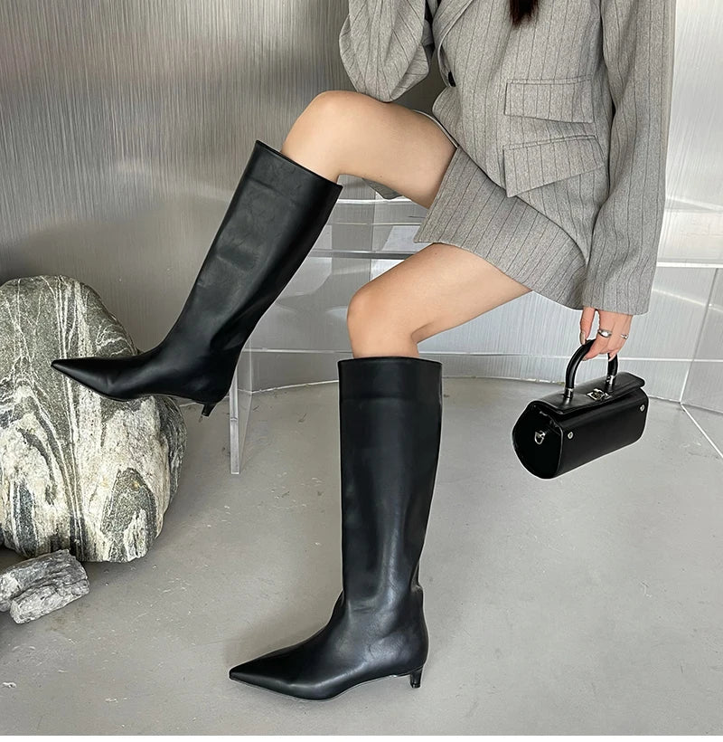 Autumn Winter Cosy Pointed Toe Woman Knee-High Boots Slip-On Low Thin Heels Cowboy Ladies Shoes Botas