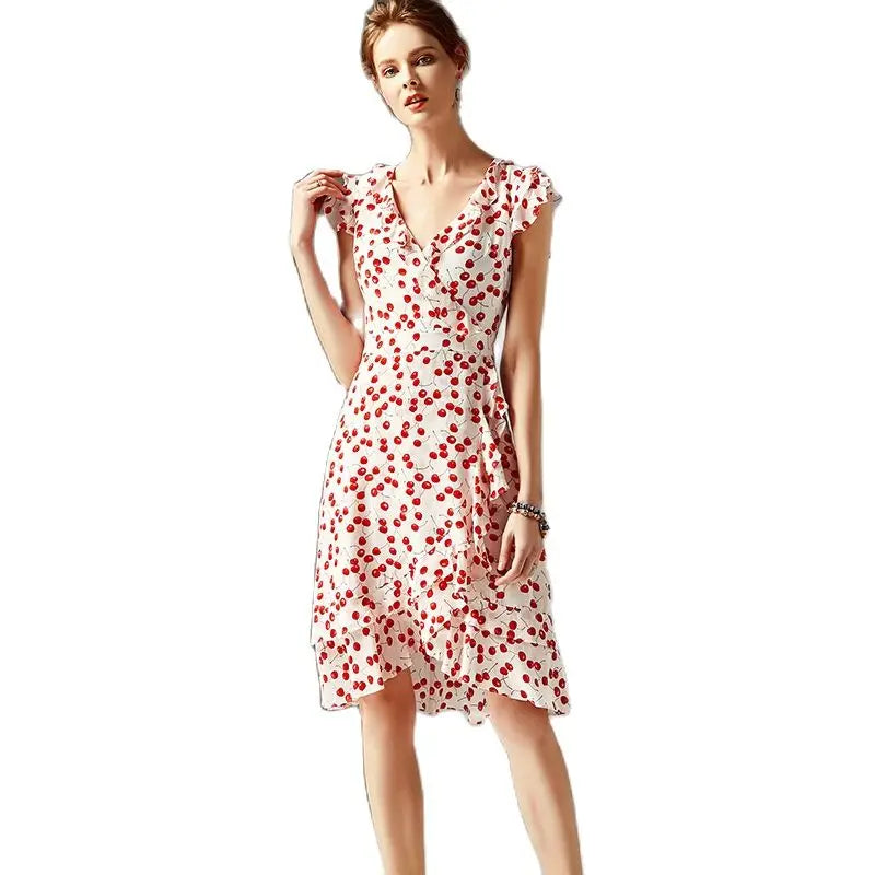 Spring and summer women's new fashion V-neck ruffled waist slimming silk printed A-line dress