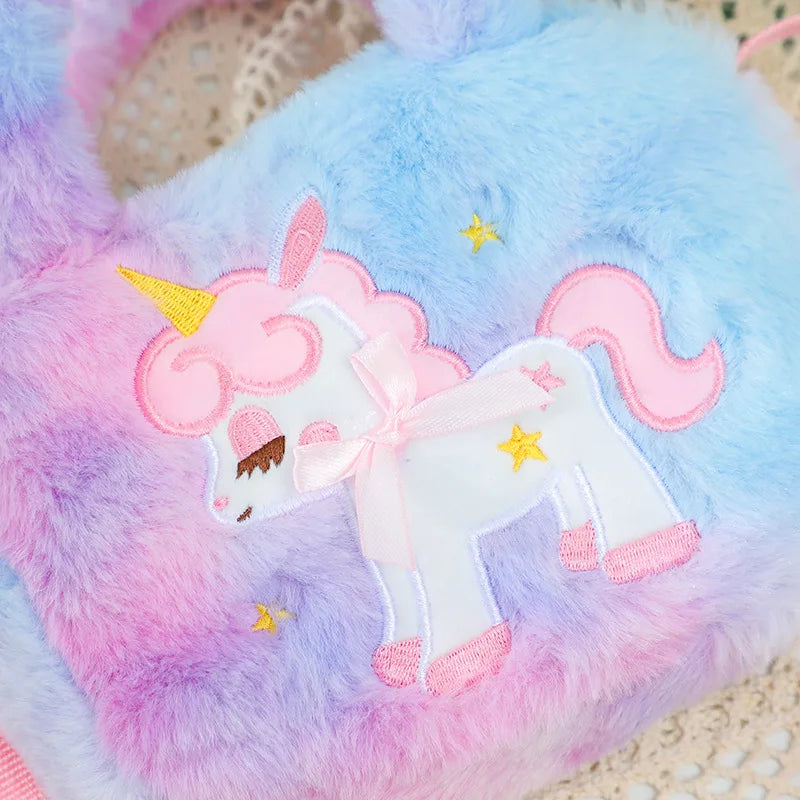 Kawaii Children's Cartoon Unicorn Crossbody Bag Cute Plush Shoulder Bag Girl Handbag Suitable For Party Holiday Gifts