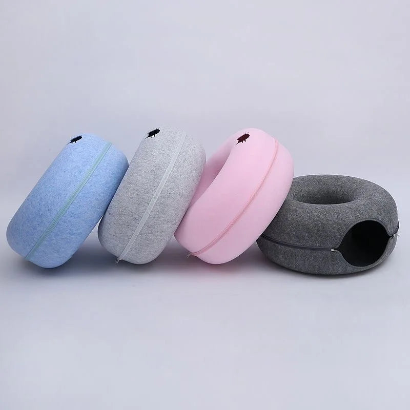 Cute Cartoon Shaped Interactive Toy for Cats House Felt Tunnel Cave Beds Removable Donut with Zipper Nest Basket Kitten Supplies