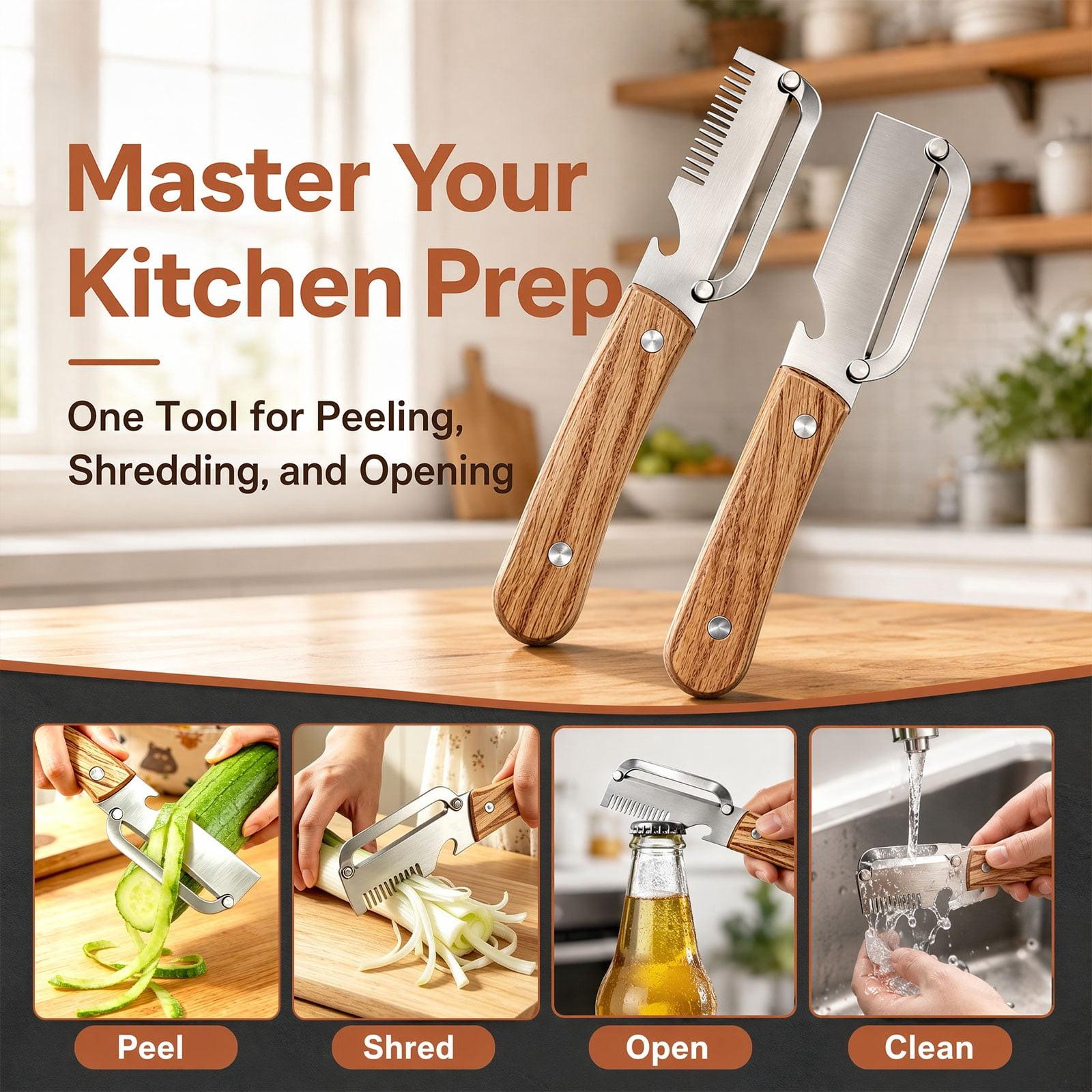 Multi-Functional Vegetable Peeler, Stainless Steel Blade with Wooden Handle, 3-in-1 Fruit Peeler with Bottle Opener & Grater, Kitchen Tool