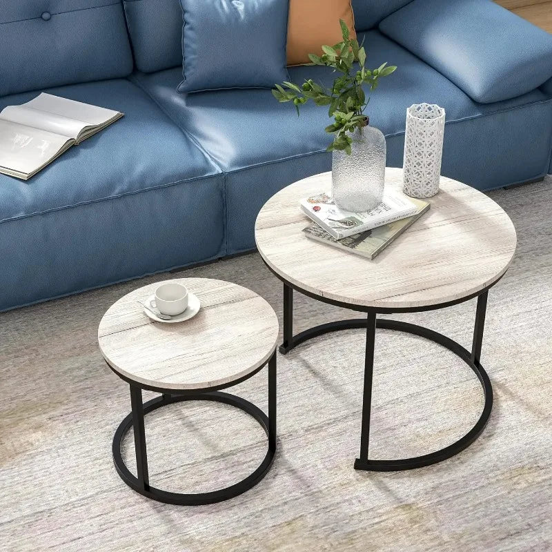 Industrial Round Coffee Table for Living Room,Small Rustic Wood Coffee Table with Sturdy Metal Frame,Set of 2 Side End Table