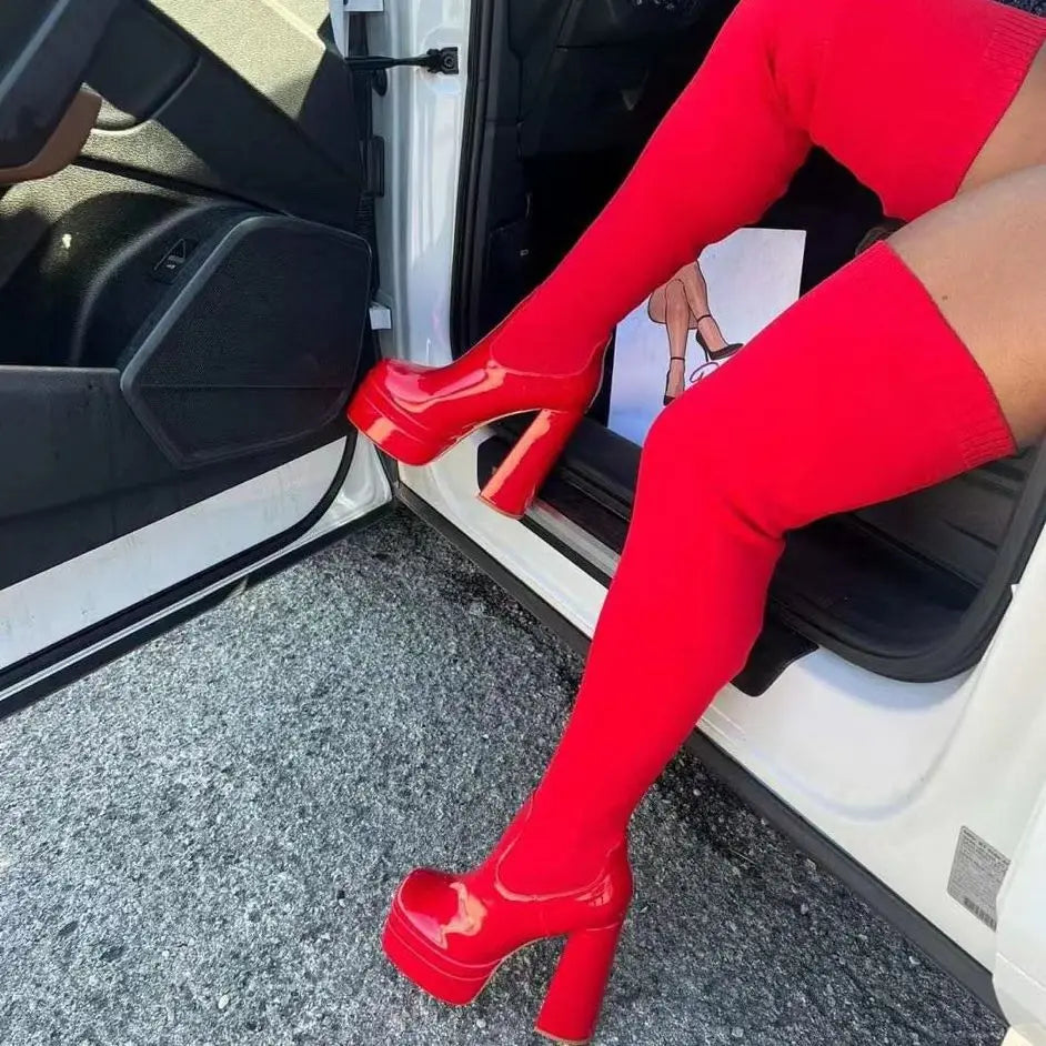 Women Knitted Thigh High Heels Boots Pink Red Heel Shoes 2023 Water Platform Leather PU Ladies Sexy Thick Sole Sock Boot