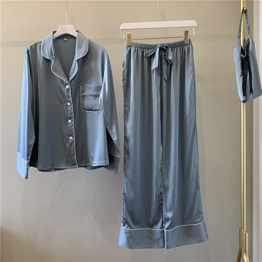 Pure Color Woman Long Sleeve Stain Pajama Set Satin Soft Fashion Pajamas
