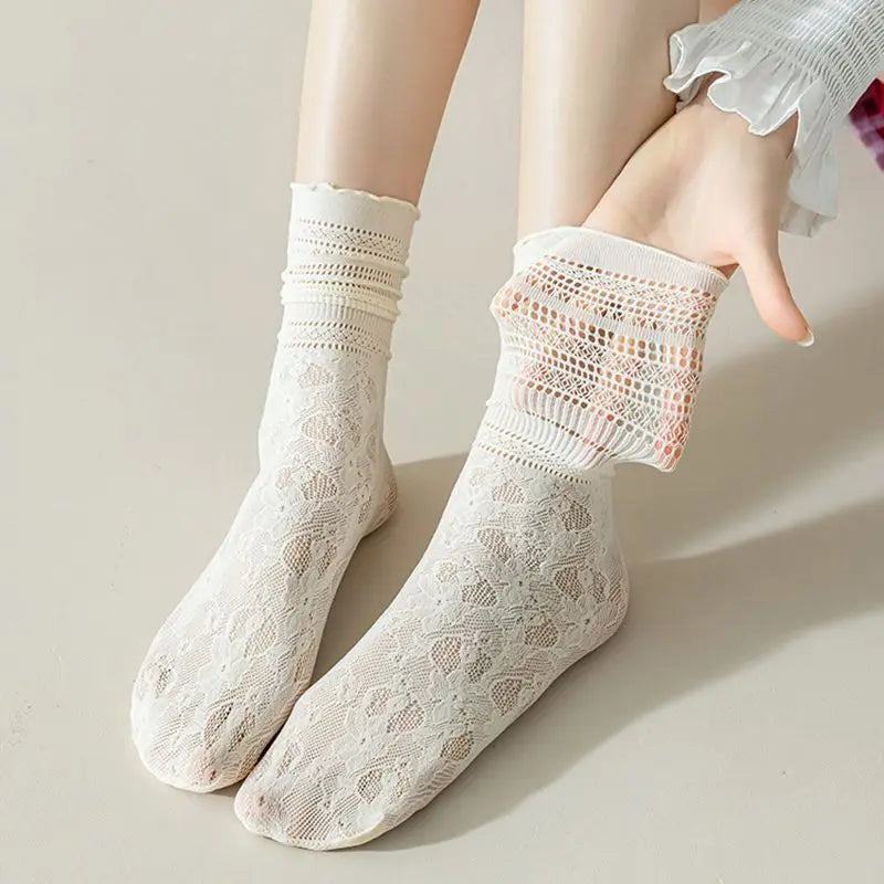 Summer Thin Socks Women Hollow Lace Solid Color Middle Tube Casual Socks for Women Breathable Black White Sock