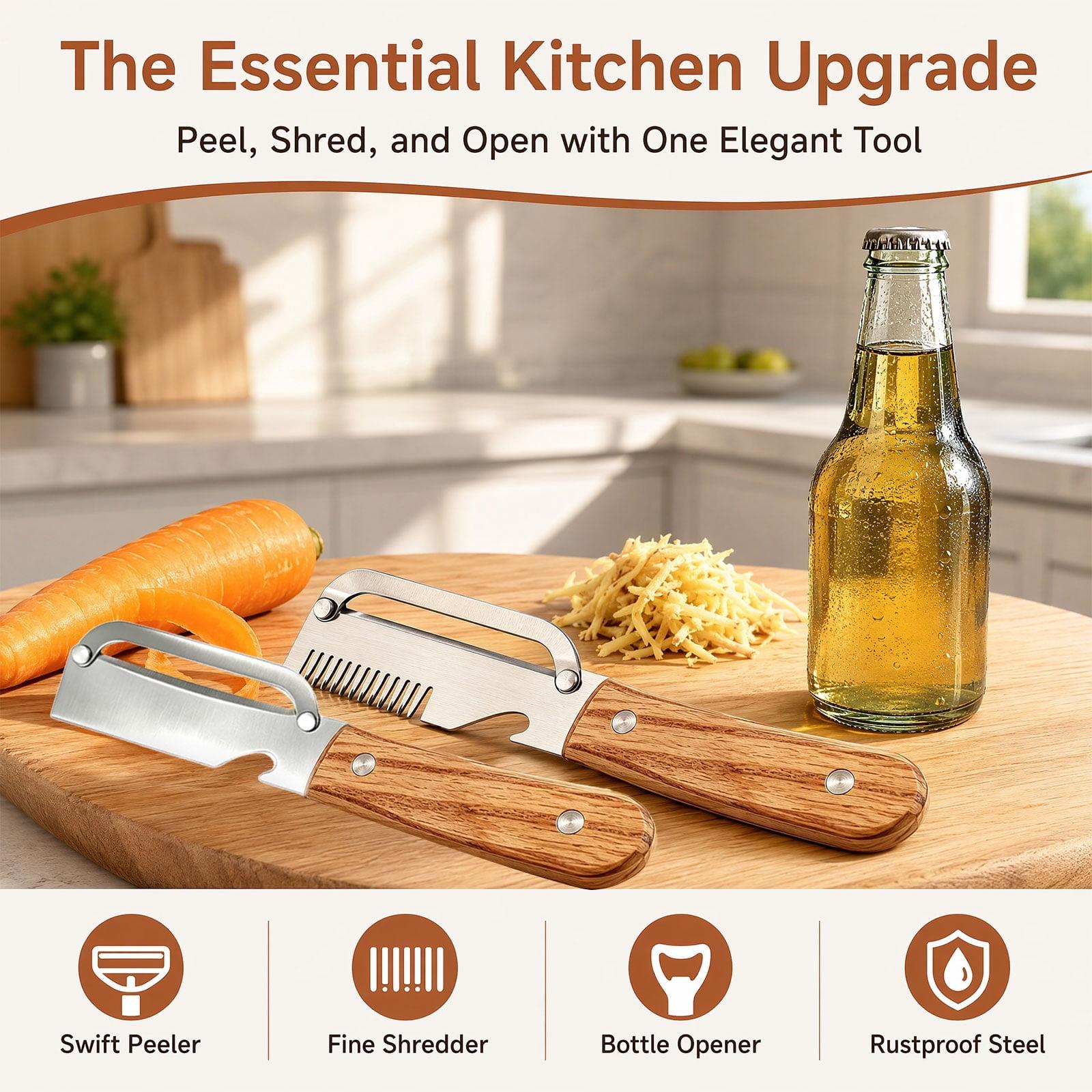 Multi-Functional Vegetable Peeler, Stainless Steel Blade with Wooden Handle, 3-in-1 Fruit Peeler with Bottle Opener & Grater, Kitchen Tool