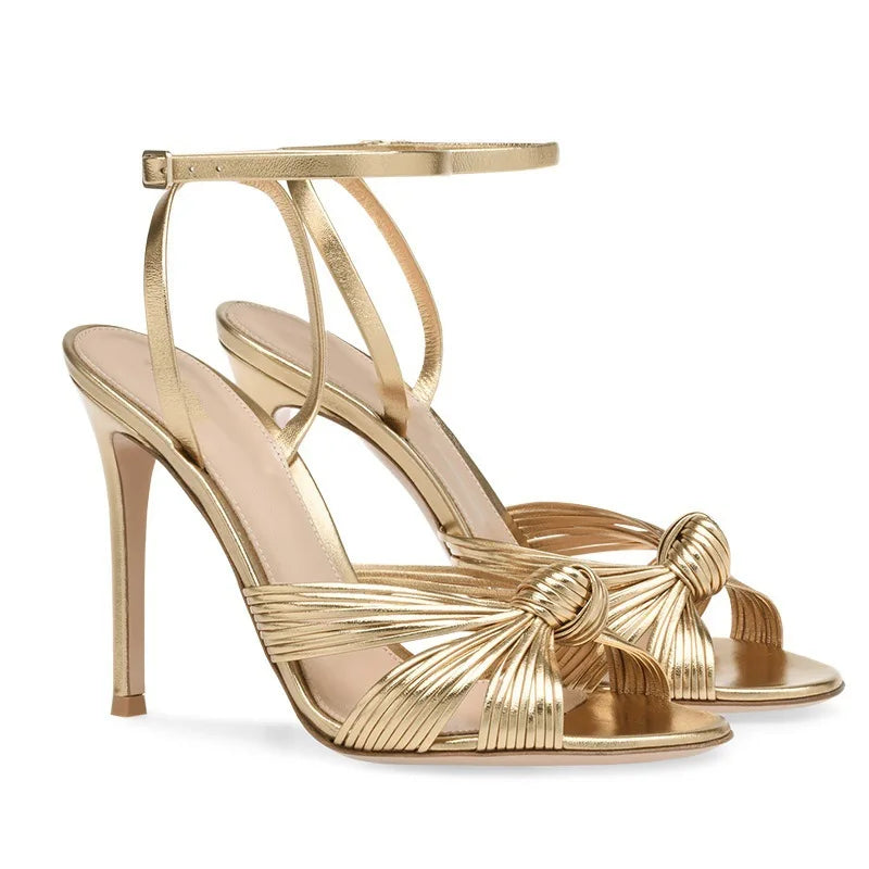 Gold Color Stiletto Heel Sandals Cross One Word Belt Round Toe Slingback Ankle Strap PU Sandals Women Fashion Party Large Size