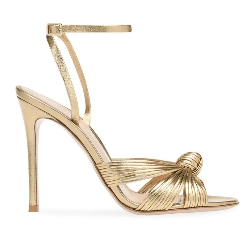 Gold Color Stiletto Heel Sandals Cross One Word Belt Round Toe Slingback Ankle Strap PU Sandals Women Fashion Party Large Size