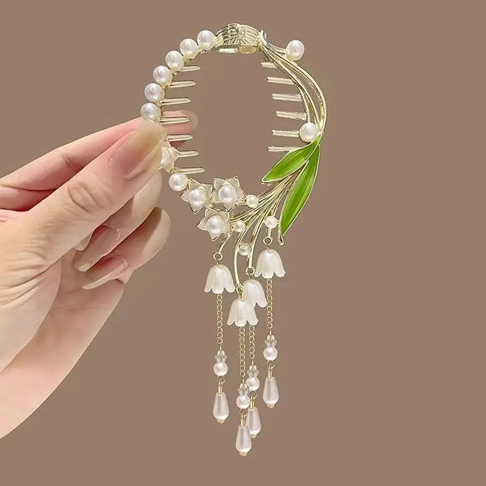 Elegant Retro Meatball Hair Clasp Clip Floristic Pearl Chain Tassels Hair Claw Ponytail Hairpins Women