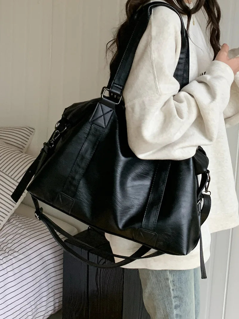 Large Capacity Black Shoulder Bags For Women Large Shopper Bag Solid Color Soft Leather Crossbody Handbag Lady Travel Tote Bag