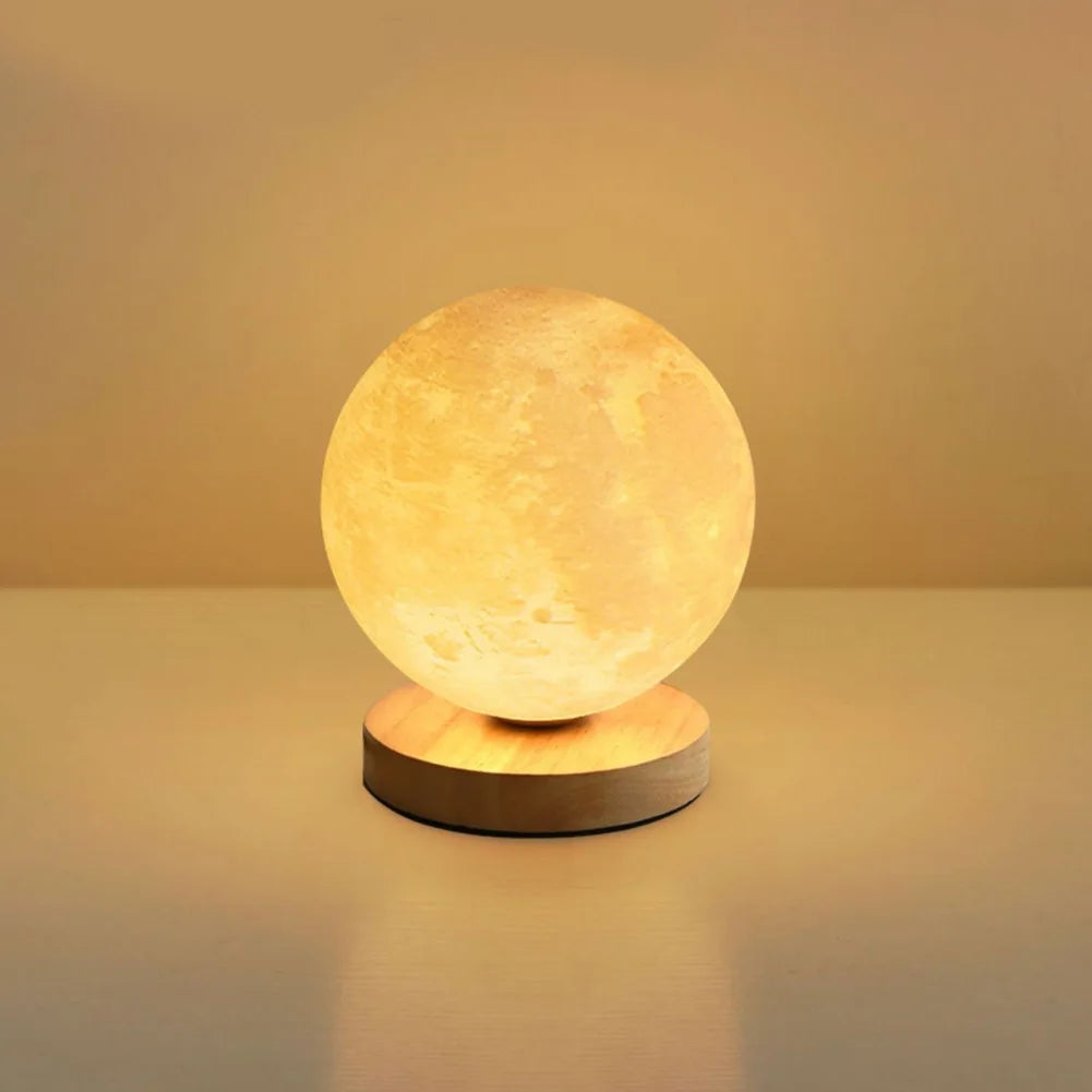 Levitating Moon Magnetic Floating Night Light, Creative Table 3D Printed LED Lamp with Wooden Base for Gift Office Bedroom Home