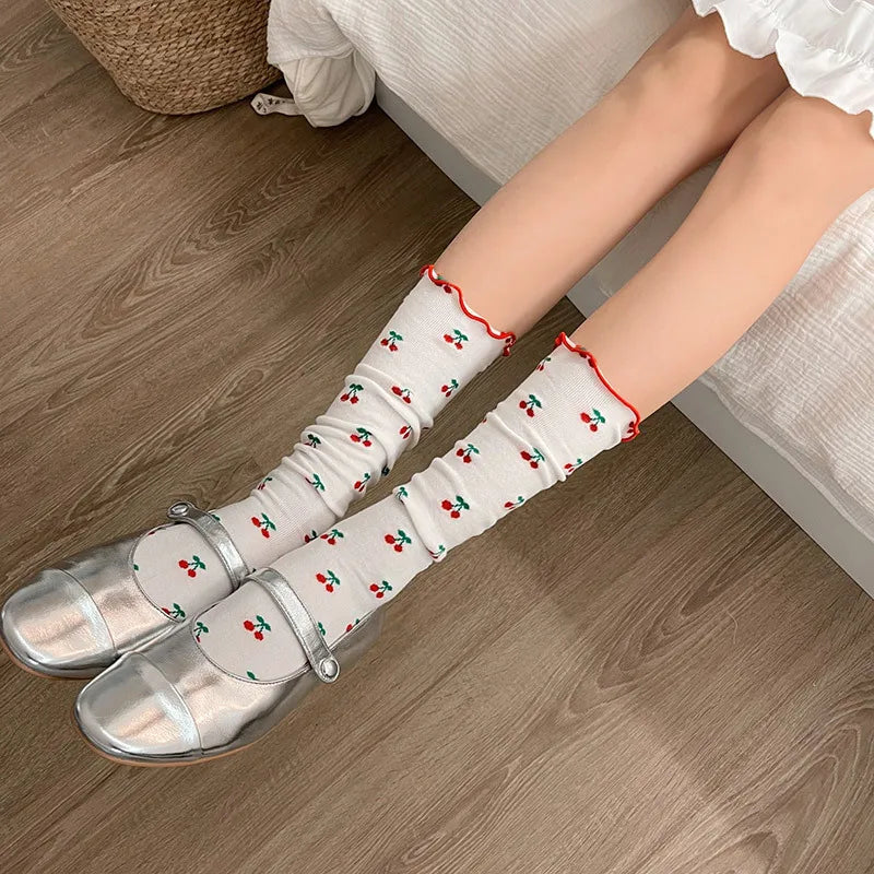 Lolita Sweet Girls Ruffles Socks Cherry Print JK Japanese Style Kawaii Cute Socks Women Fashion Harajuku Streetwear Long Socks