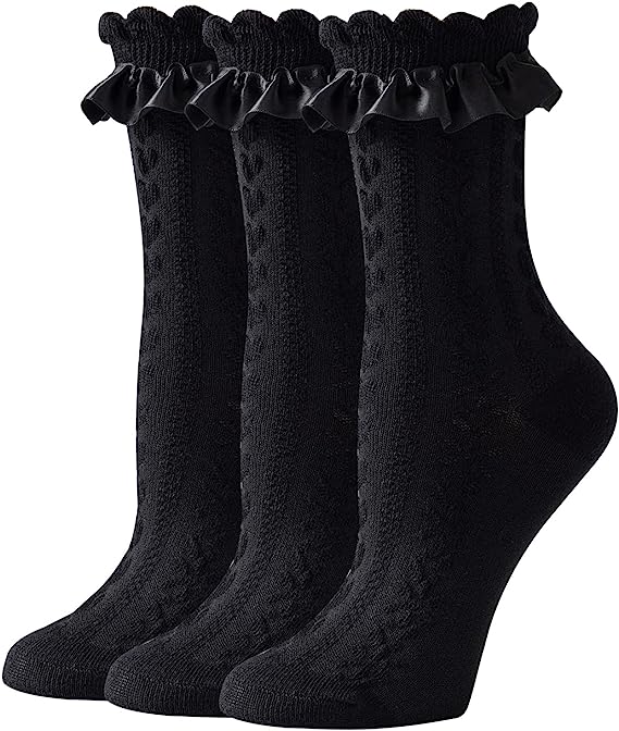 Women Socks, Women Ankle Socks, Lovely double needle solid color Lace edge relent lady socks