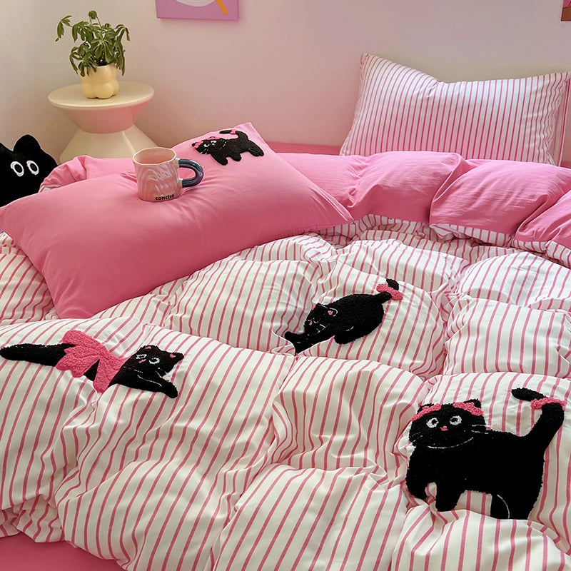 Cartoon Kawaii Cat Bedding Set Purple Duvet Cover Flat Sheet Pillowcase Kids Girls Bed Linen Bedspread Full Twin Size NO Filling