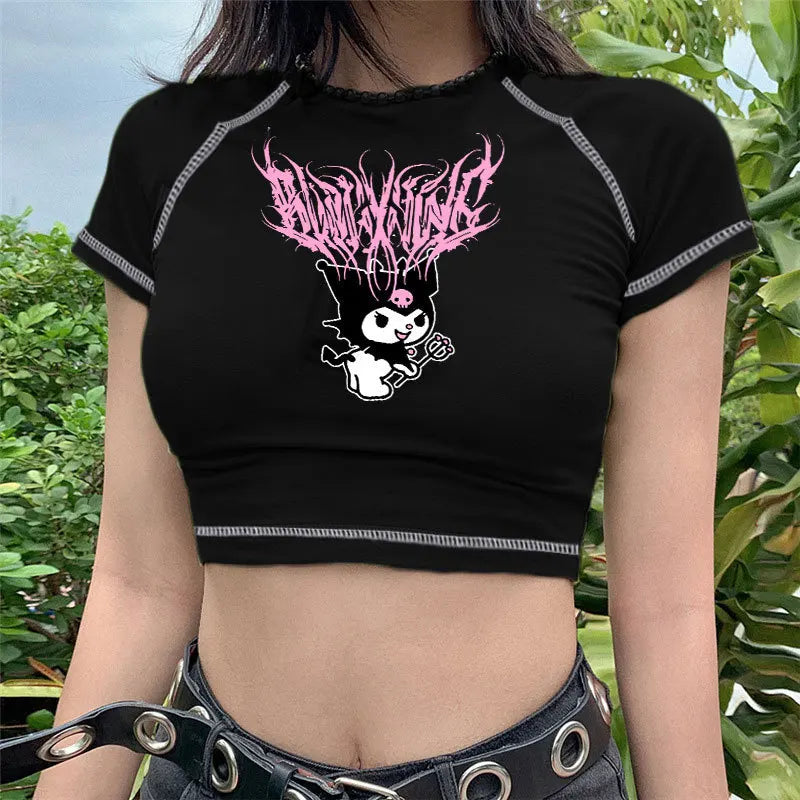 Sanrio Kuromi Short Sleeves Punk Style Vintage Fashion Print Short Expose Navel T-shirt Summer Girls Y2k Sexy Style Clothes Gift