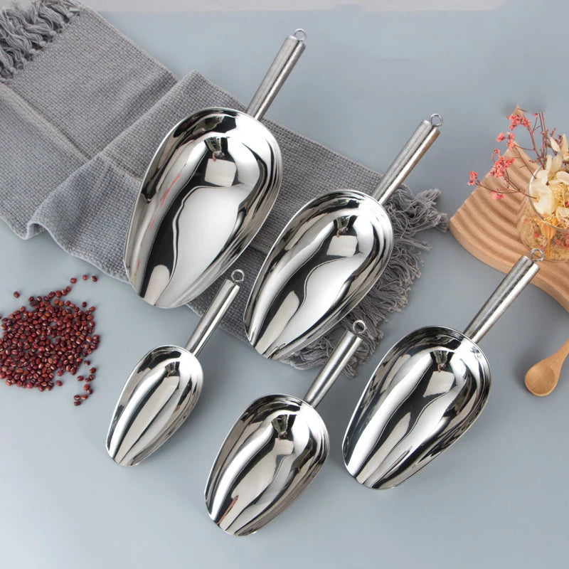 &1Pcs Stainless Steel Ice Scoop Bar Pub Home Kitchen Ice Cubes Spice Sugar Flour Nut Scoop Kitchen Gadget Round Shovel Scoop