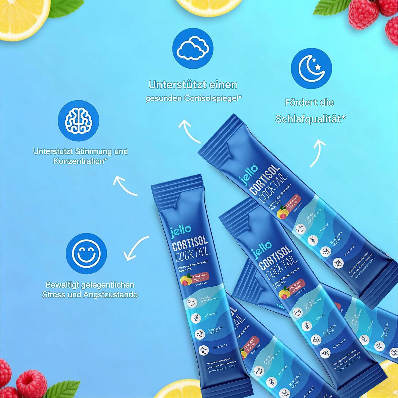 Jello Cortisol Cocktail Pulver, 20 Stück New Super Cortisol, Natürliche Supercalm cortisol pulver für Cortisol Senken, Konzentration Steigern, Entspannt Bleiben & Stress Natürlich Reduzieren