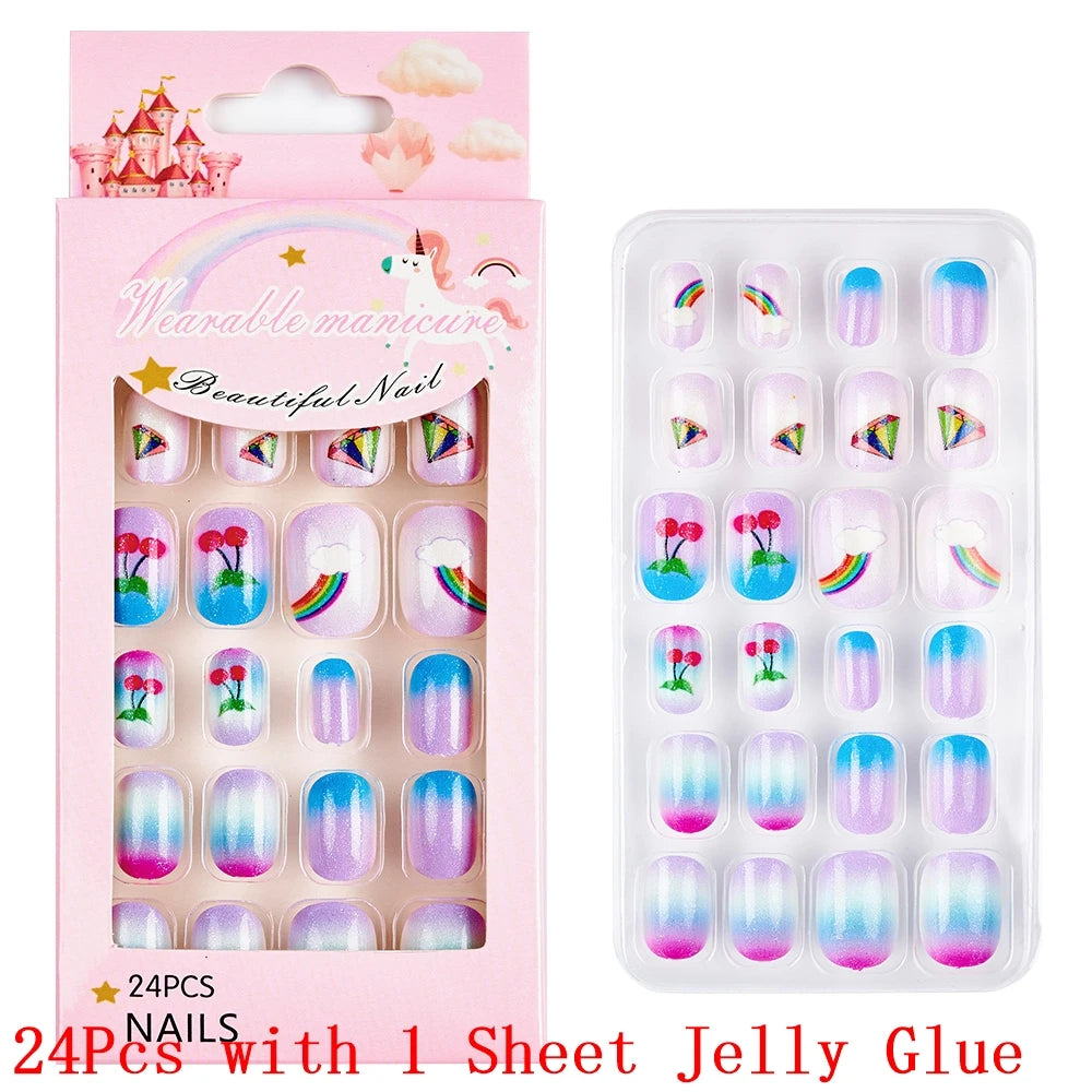 12pcs/Box Children Acrylic Fake Nails Safe Non-Toxic Adhesive Fake Nail DIY Artificial Fingernails for Girls Children's Day Gift