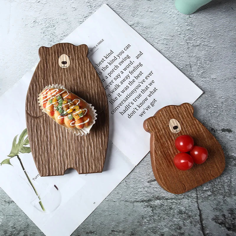 Pizza Bread Plate Cute Bear Tray Wood Board Bear Tray Walnut Chopping Board Table Decor Wooden Plate Coaster Kitchen Accessories