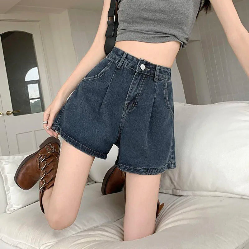 Lucyever Wide Leg Jeans Shorts Women Summer High Waist Loose Vintage Blue Denim Shorts Woman Korean Wild A-Line Short Pants