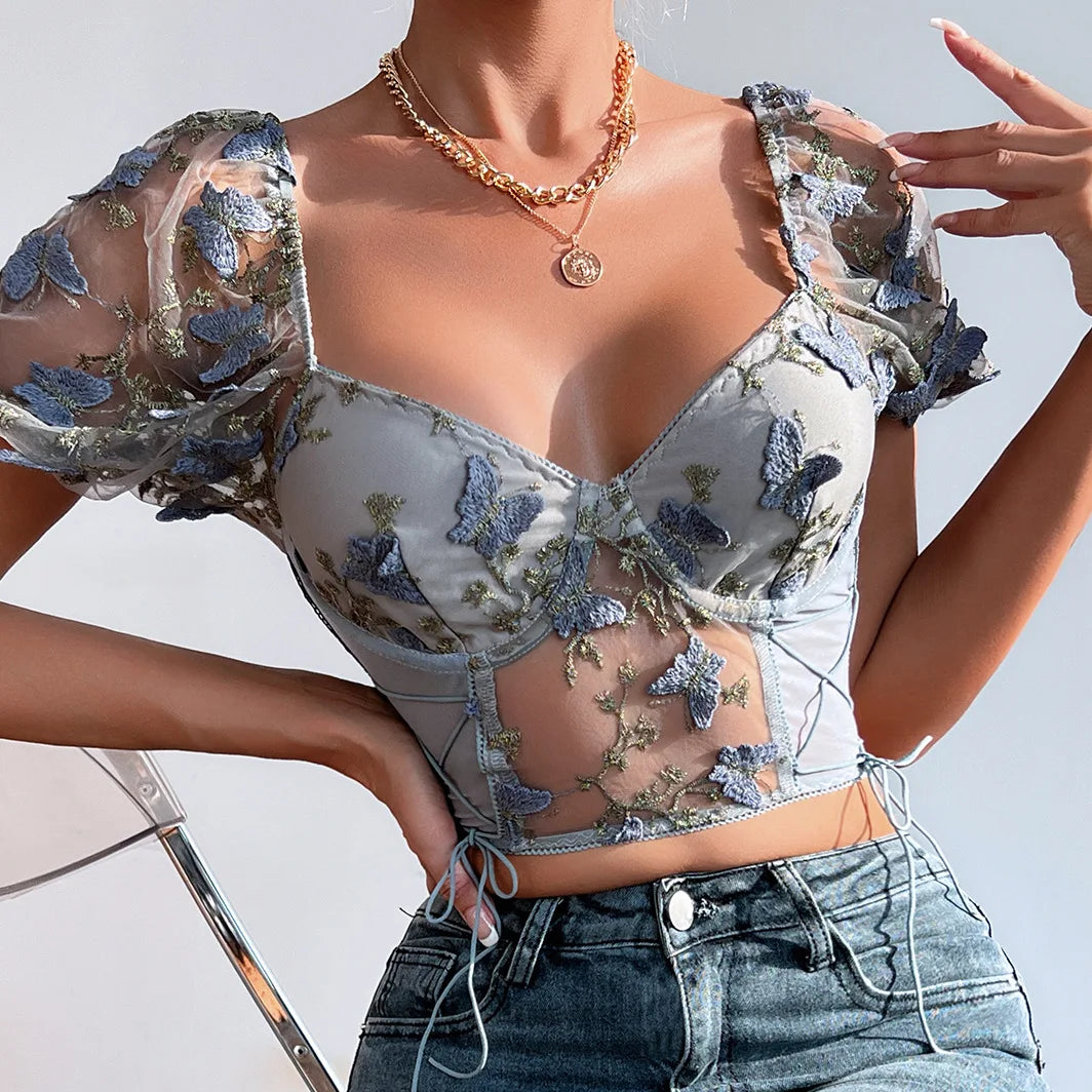 Bufferfly Embroidery Puff Sleeve Top Women V Neck Summer Backless Short Sleeve Sexy Cropped Top Blouse