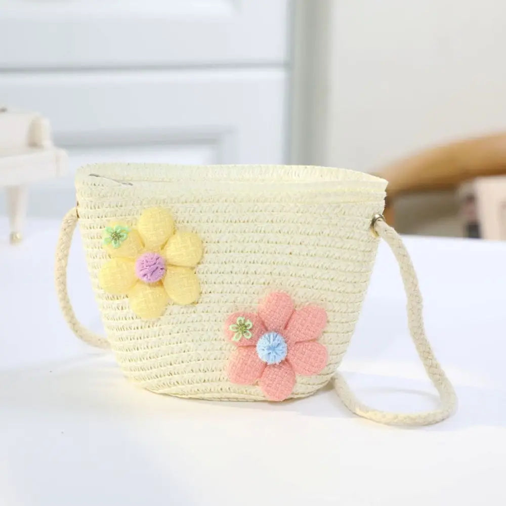 Girl Zipper Flower Straw Bag Cute Photo Props Handmade Woven Kid Messenger Bags Storage Basket Coin Purse Crossbody Handbag