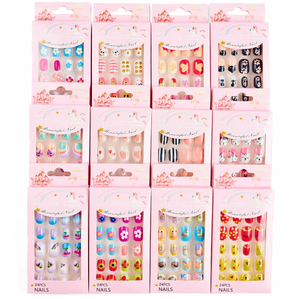 Children Press on Nails,24 Pcs Fake Nails Tips for Kids Acrylic Nails Pre-glue Full Cover Short False Nails Cute Fingernails