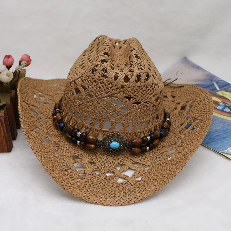 Straw Hat  Women Men Summer Handmade  Vintage Hollow Western  brim Sun Protection Fisherman Mountaineering Bohemian Chain Jewel